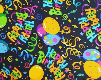 Happy Birthday Fabric, 100% quilters Cotton, Party, Mask, Ribbon and Balloons