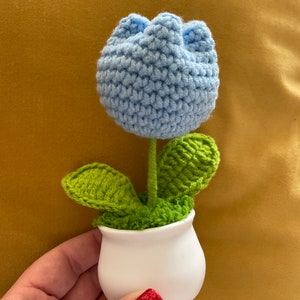 May include: A crocheted blue tulip flower with green leaves in a white ceramic pot.