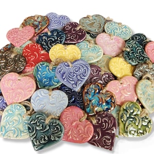 Ceramic Heart Ornament, Valentine&#39;s Day, Anniversary, Textured Handmade Pottery, Gift, Keepsake, Wedding, Shower or Party Favor, Wine Tag