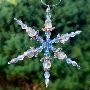 Crystal Czech Glass Beaded Snowflake Ornament or Suncatcher - Ice Blue #137-  Handmade with Gift Box - Christmas
