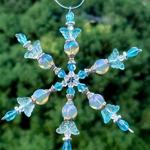 Crystal Czech Glass Beaded Snowflake Ornament or Suncatcher - Turquoise & Silver Butterfly #152 -  Handmade with Gift Box - Christmas