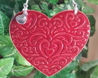 Handmade Mandala Textured Ceramic 4.5" Heart Ornament with Gift Box, Valentine's/ Christmas gift, Comes in Red, Pink, Maroon, or Lavender