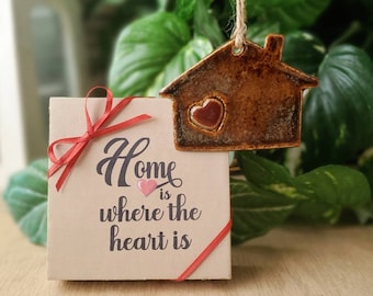 House with Heart Ornament or Gift Tag with Gift Box, Handmade Ceramic, Housewarming Gift, Home is Where the Heart is