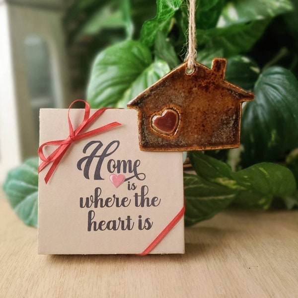 House with Heart Ornament or Gift Tag with Gift Box, Handmade Ceramic, Housewarming Gift, Home is Where the Heart is