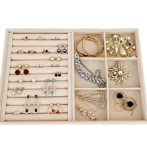 Large ring tray, Beige velvet jewelry accessaries stackable organizer, Closet trays, Wardrobe drawer insert, bedroom drawer divider