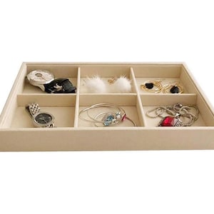 Beige velvet jewelry storage tray for jewelry accessaries stackable organizer with rearrangeable grids drawer insert closet divider 6 grids