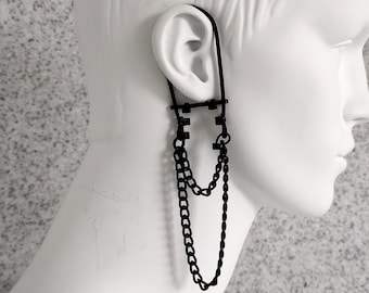 Minimalistic Adjustable Black Long Chain Ear Cuff