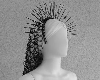 Spiked Headband Crown with Hair Net /Renaissance Striking Zip tie Headband / Futuristic headband / Avant Garde Headpiece / Gothic Hair Net