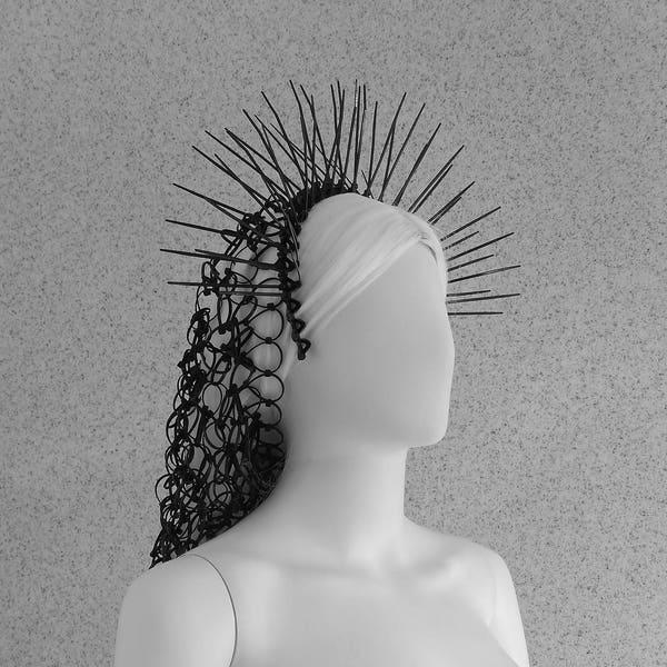 Spiked Headband Crown with Hair Net /Renaissance Striking Zip tie Headband / Futuristic headband / Avant Garde Headpiece / Gothic Hair Net