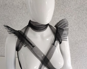 Spike Black Removable Shoulder Pads / Zip Tie Spike Shoulder Pads / Black Fringe Epaulettes / Spike Clothing Accessorie