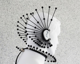 Futuristic Spike Ear Cuff / Black Beaded Ear Cuff / Black Earcuff