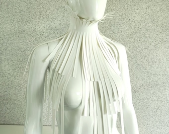 White Fringe Asymmetrical Wrap Neck Collar - Vegan Leather