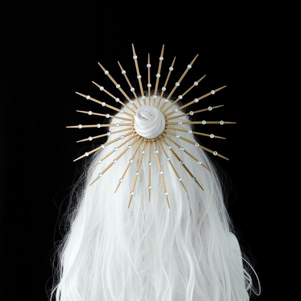 Sun Halo Headdress / Gold Halo Hair Bun Band with Rhinestones / Sunburst Halo Crown