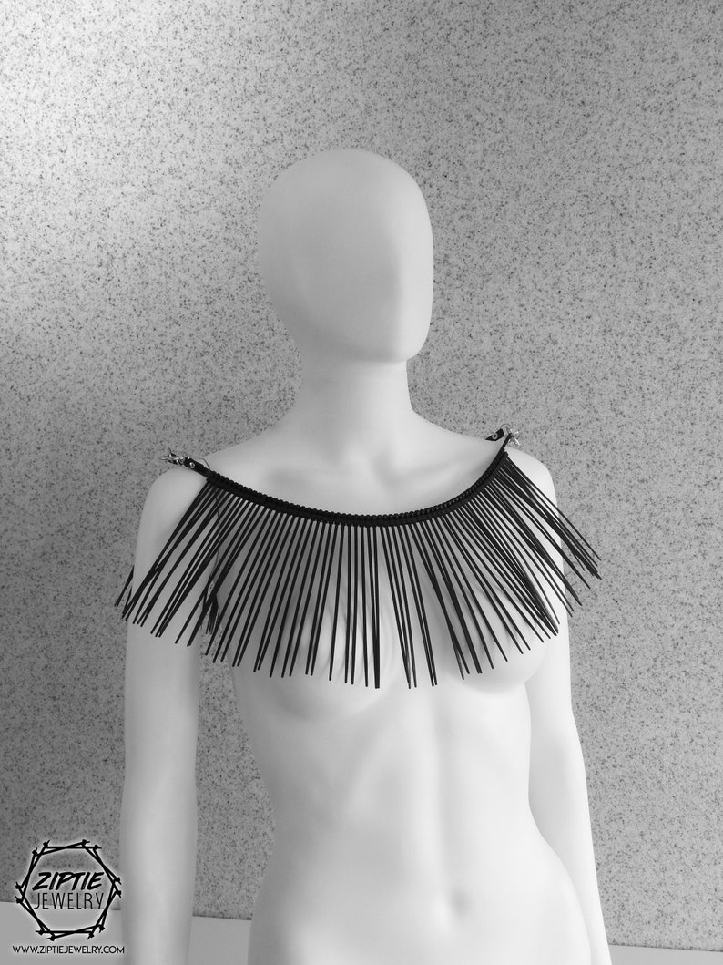Shoulder Necklace / Fringe Shoulder pads / Spikes arm Necklace / One shoulder Necklace / Zip tie Black Jewelry / Fringe Necklace image 2