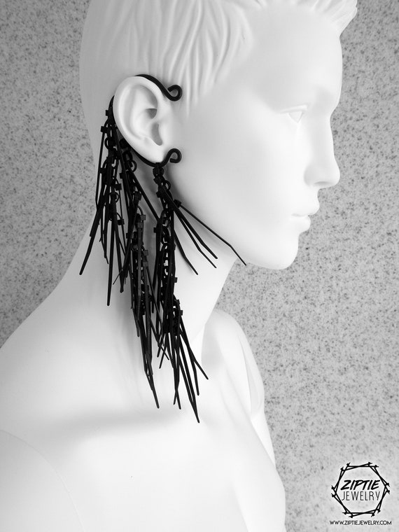 [BLACKMUSE] 925silver☆Long chain drop ear cuff Black Long Chain Zip Tie Ear Cuff - Etsy