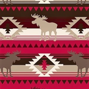 May include: A repeating pattern with moose silhouettes and geometric designs in red, brown, beige, and white. The design includes triangles, chevrons, and stylized mountain shapes, creating a rustic aesthetic. The moose are depicted in a neutral colour.