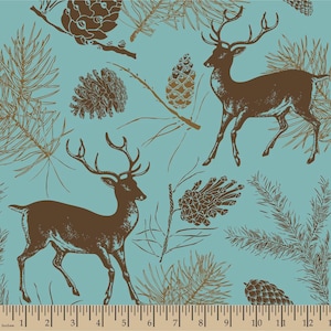 May include: A seamless pattern featuring a repeating design of stylized deer and pine cones on a light blue background. The deer and pine cones are in shades of brown and gold.