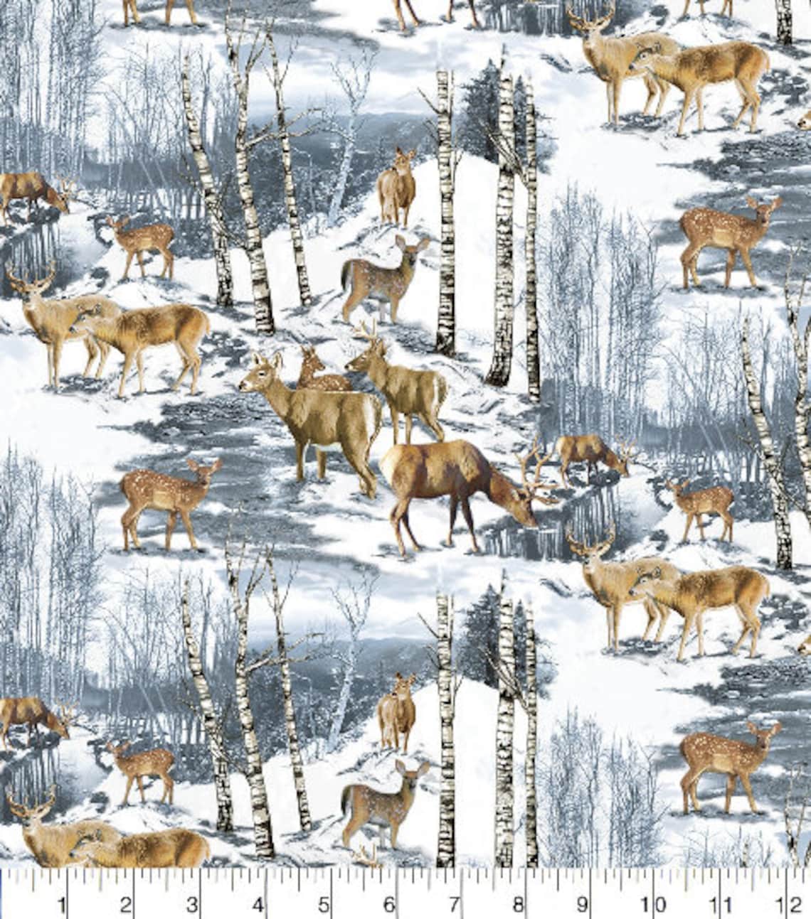 Deer Flannel, Wildlife Flannel, Winter Scene, Animal/trees Fabric