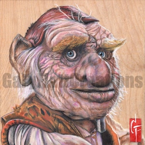 May include: A close-up portrait of a fictional character with a large nose, bushy eyebrows, and a red cap. The character has a white beard and a mischievous expression. The background is a light wood grain.