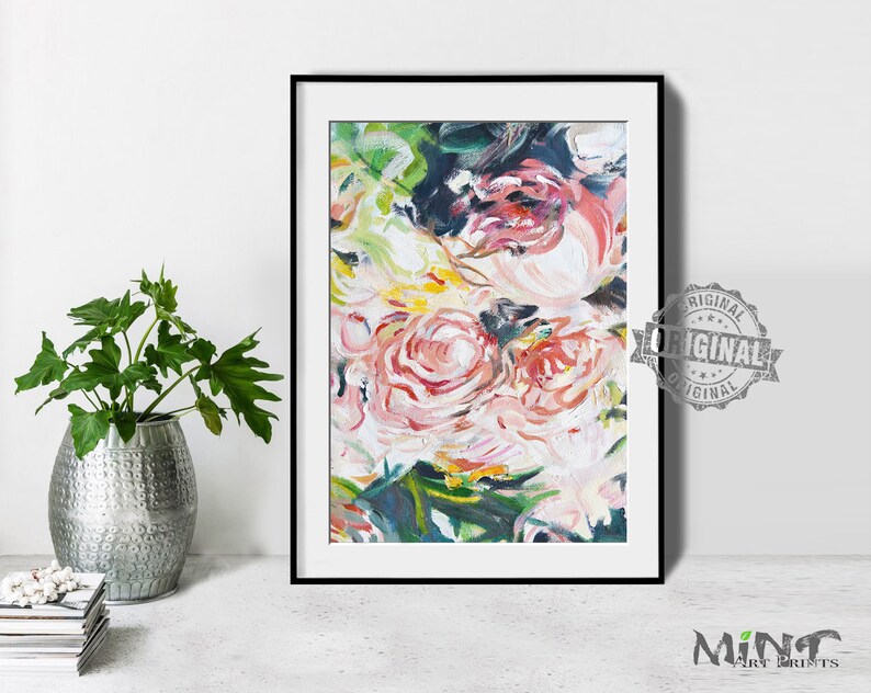 Pink Roses Mint Fine Art No.M277 Modern Floral Prints Large Abstract Painting Digital Download Flower Oil Painting Abstract Art Prints