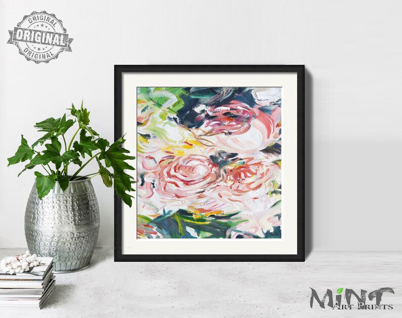 Pink Roses Mint Fine Art No.M277 Modern Floral Prints Large Abstract Painting Digital Download Flower Oil Painting Abstract Art Prints