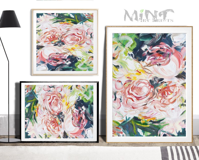 Pink Roses Mint Fine Art No.M277 Modern Floral Prints Large Abstract Painting Digital Download Flower Oil Painting Abstract Art Prints