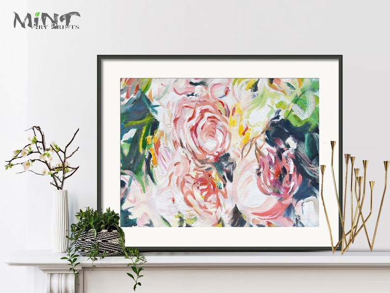 Pink Roses Mint Fine Art No.M277 Modern Floral Prints Large Abstract Painting Digital Download Flower Oil Painting Abstract Art Prints