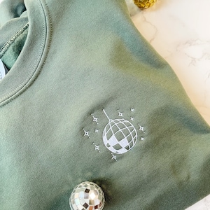Embroidered Disco Ball Unisex Hoodie white stitching | groovy, disco, party, women’s men&#39;s sweatshirt, ink art, unisex sweatshirt, line art