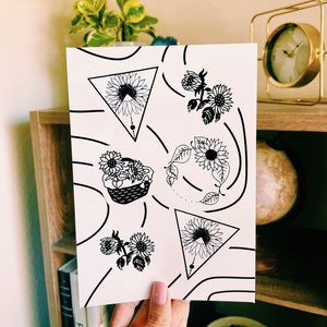 Sunflower Sticker sheet | hand drawn sunflower designs, flower, floral, abstract, water bottle stickers, laptop stickers, scrapbook stickers