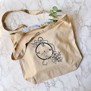 Whimsical Floral Clock Design Eco Tote Bag (hand drawn, flower, Alice in wonderland, market tote, shopping bag, shoulder bag, cavas)