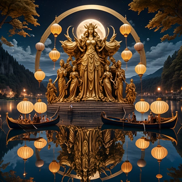 Lake Deity Golden Statue 12x12 inch art for Gift Card