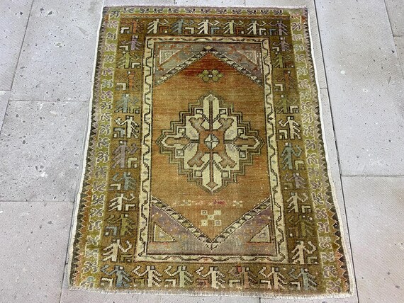 ヴィンテージトルコウールラグ：3x3.9フィートの手編みボヘミアン玄関