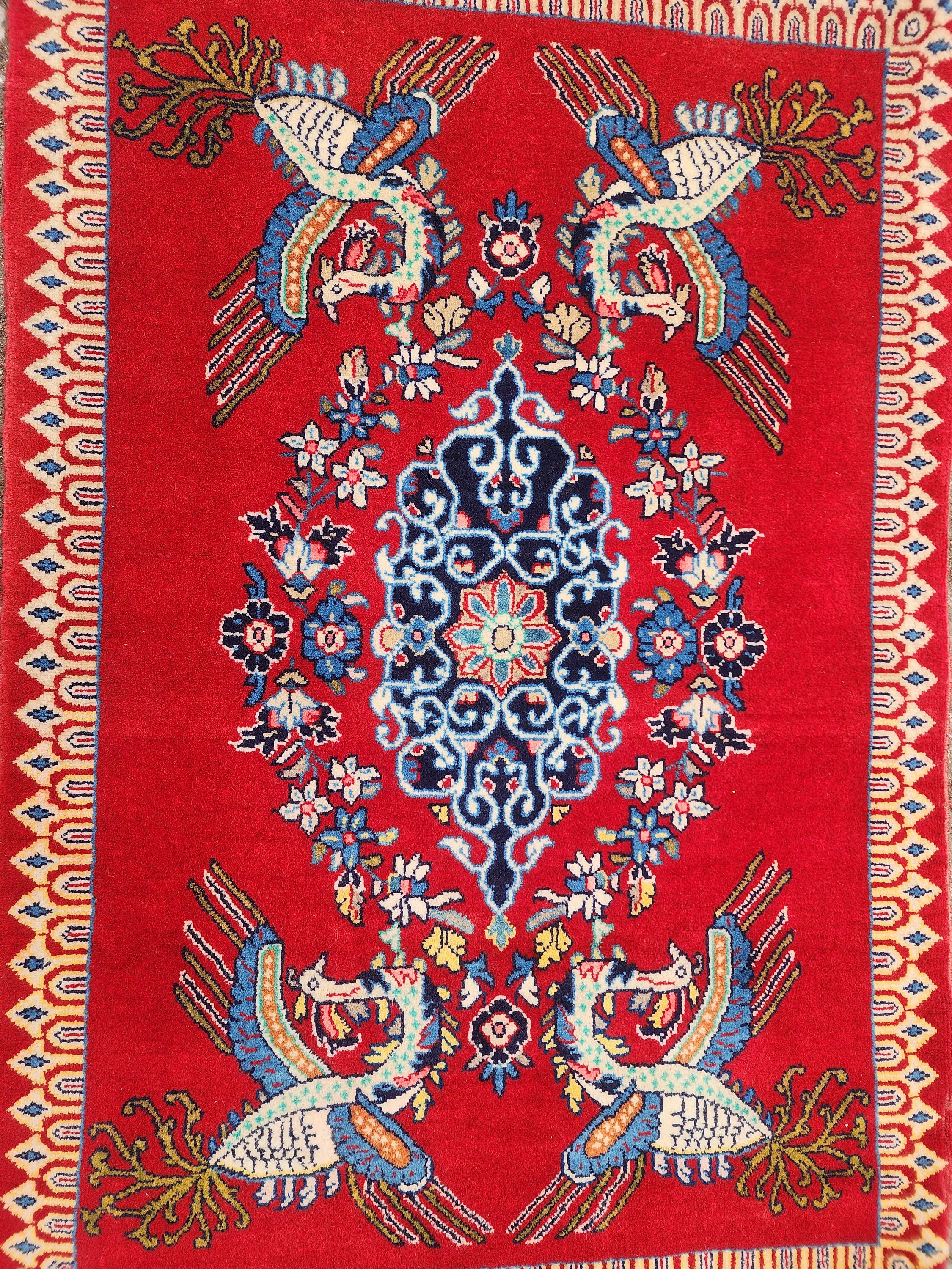 Handknotted Turkish Wool Area Rug: Peacock Pattern, 2x3 Red Rug - Etsy