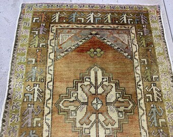 ヴィンテージトルコウールラグ：3x3.9フィートの手編みボヘミアン玄関