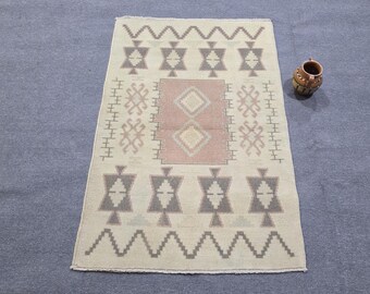Dämpad beige Oushak-matta, 3x4 handknuten ullmatta med accentmotiv, geometrisk