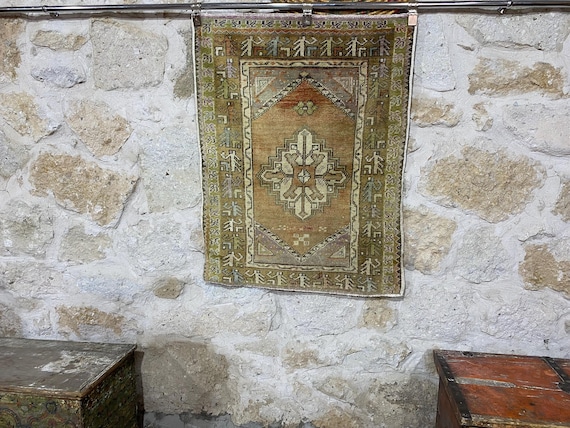 ヴィンテージトルコウールラグ：3x3.9フィートの手編みボヘミアン玄関