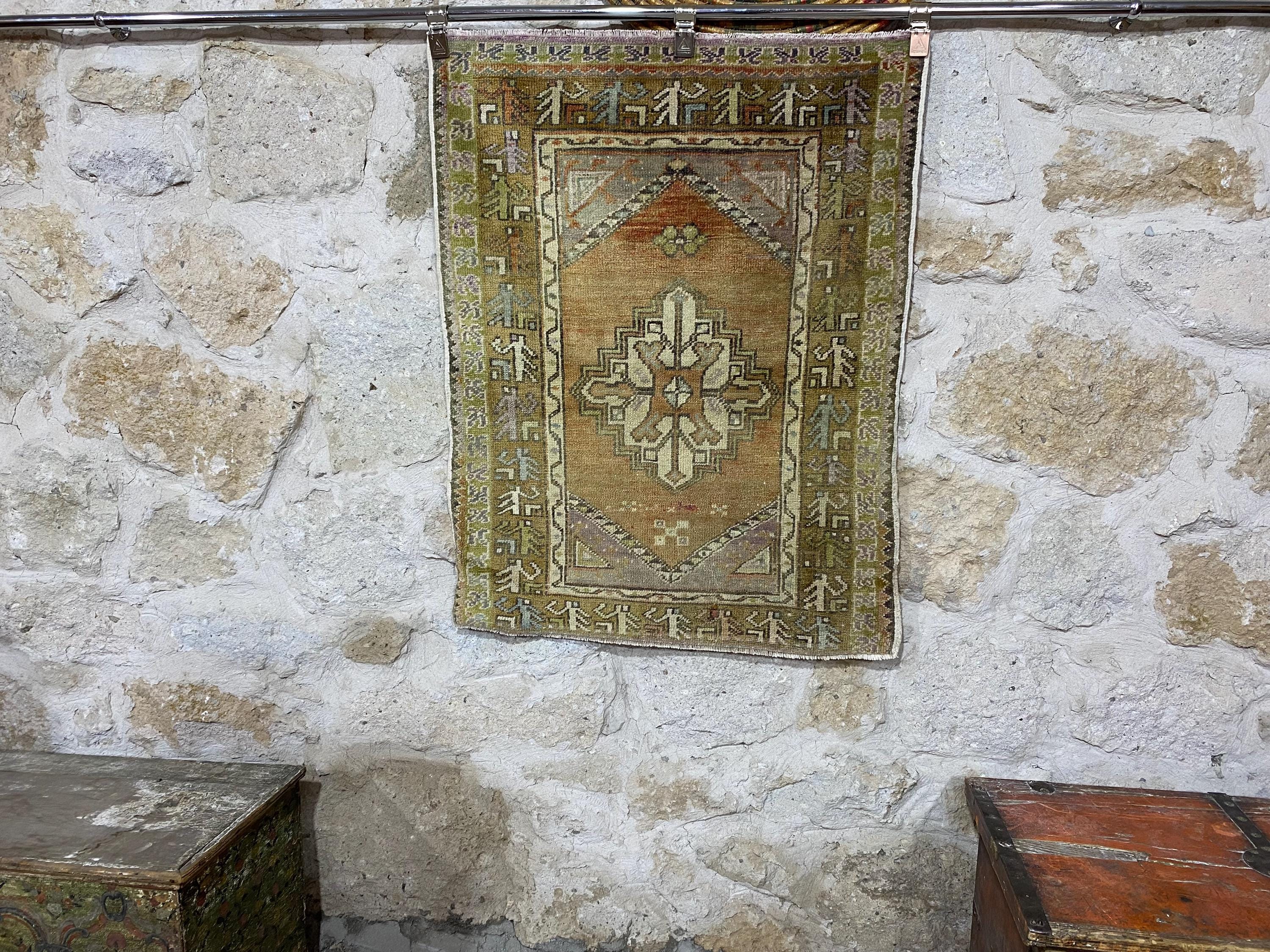 ヴィンテージトルコウールラグ：3x3.9フィートの手編みボヘミアン玄関