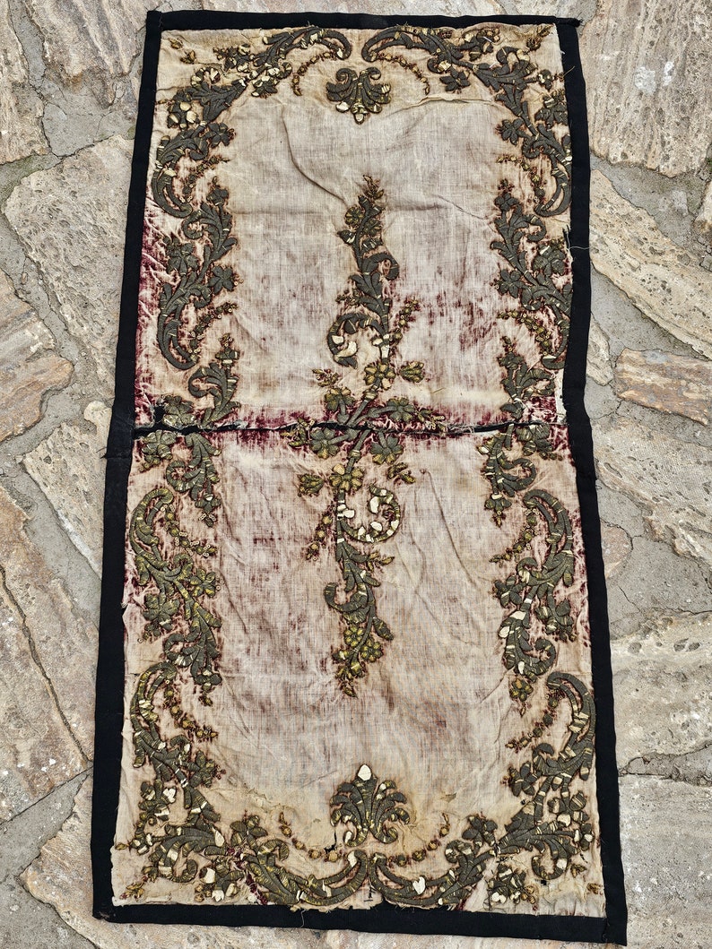 Antico ricamo turco, filo d'argento ricamato, tessuto in velluto ottomano, un raro oggetto da collezione 3433 immagine 10