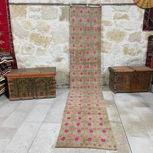 Turkish Vintage oushak runner,Bohemian Wool Runner,Entryway Runner Rug