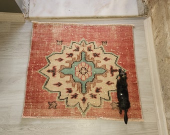 手織りトルコ絨毯：ヴィンテージウール玄関用絨毯（1'4x3'0 ft