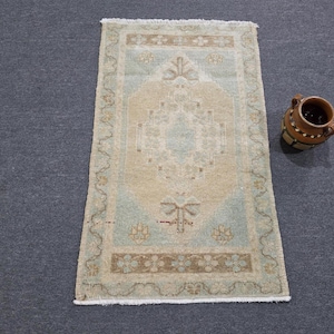 Beige saliegroen vintage Oushak vloerkleed 2x3, handgemaakte wollen badmat