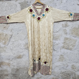 Hand-Embroidered Satin Dress with Silk Detailing | Traditional Floral Caftan | Vintage-Inspired Ethnic Robe,Turkish Robe