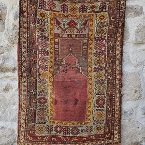 Antique Turkish Konya Rug – Handmade Traditional Anatolian Prayer Carpet – Vintage Wool Floor Decor!1073