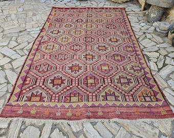 Stars Motif Turkish Handmade Kilim,Antique Old Anatolian Kilim,Vintage Turkish Wool Area Rug !3006
