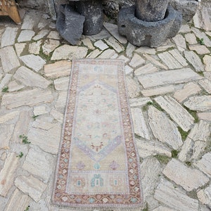 Vintage oushak muted rug,Small runner turkish rug,bath room rug,indoor rug,small boho rug ,muted runner rug!// 3550