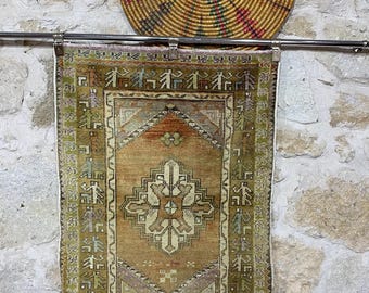 ヴィンテージトルコウールラグ：3x3.9フィートの手編みボヘミアン玄関