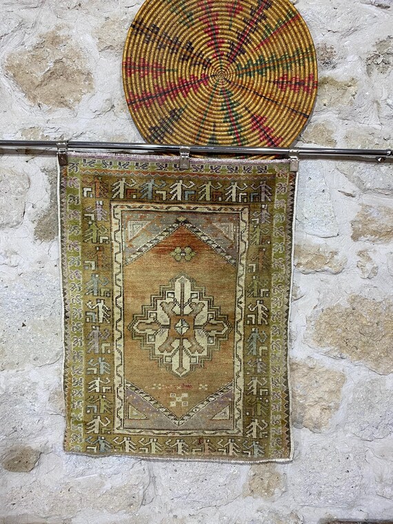 ヴィンテージトルコウールラグ：3x3.9フィートの手編みボヘミアン玄関