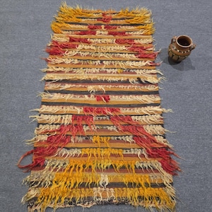 2x4 Antique Anatolian Tulu Rug, Striped Tribal Wool Shag