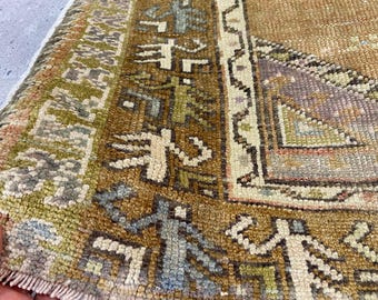 ヴィンテージトルコウールラグ：3x3.9フィートの手編みボヘミアン玄関