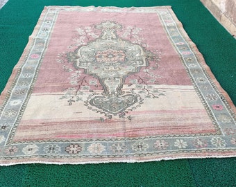 Tappeto oushak rosa pallido 6'3x9'3 ft Annodato a mano Arredamento per la casa Tappeto turco, tappeto turco orientale vintage CODICE 4272